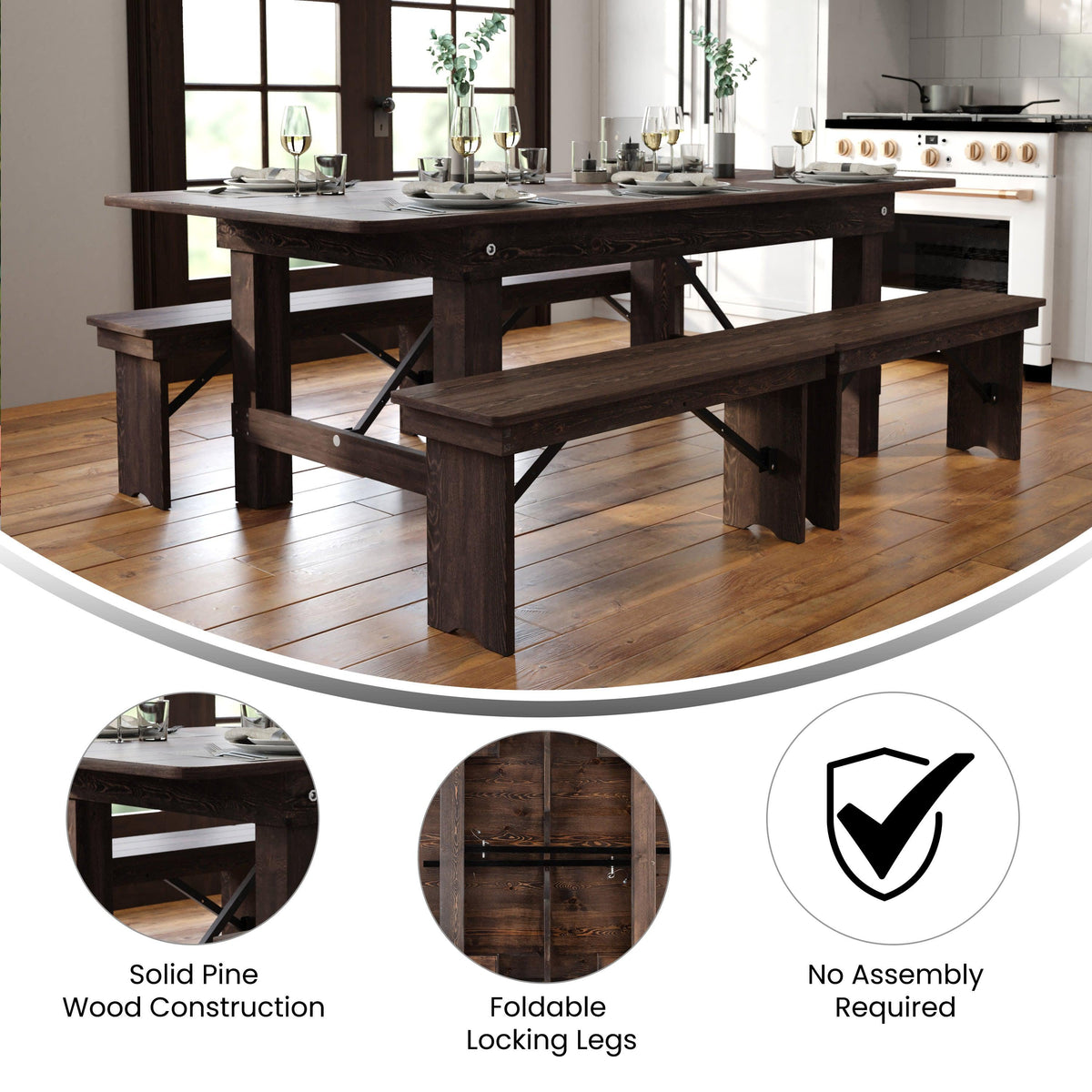 FLASH HERCULES Series Rectangular Solid Pine Folding Farm Table 213.4x101.6cm