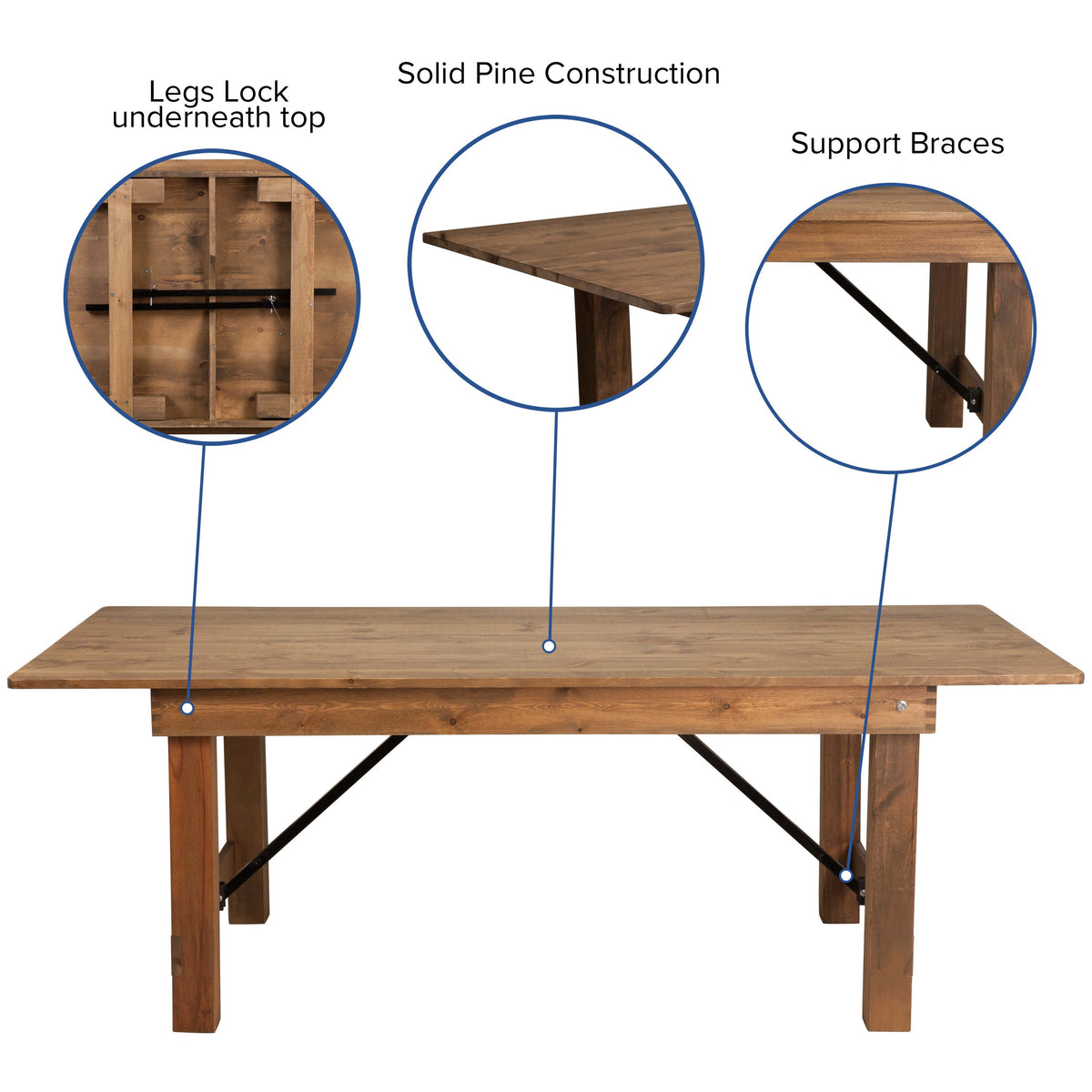 FLASH HERCULES Series Rectangular Solid Pine Folding Farm Table 213.4x101.6cm